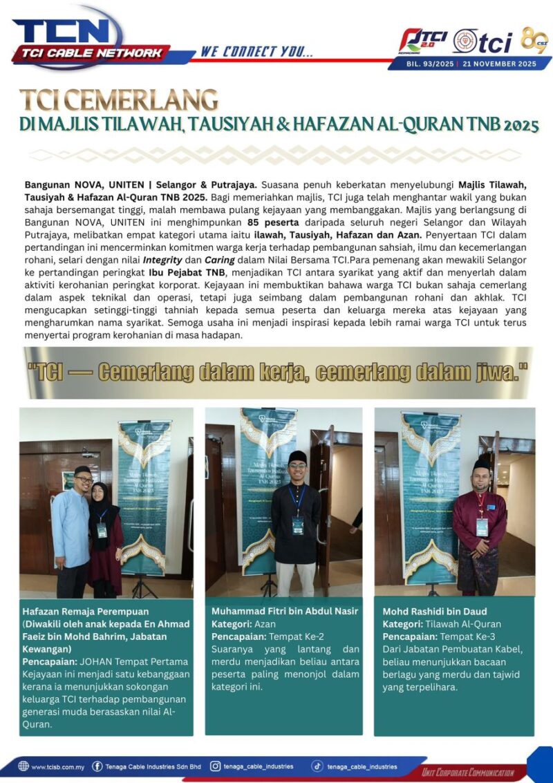 TCI CEMERLANG DI MAJLIS TILAWAH DAN HAFAZAN AL-QURAN TNB 2025
