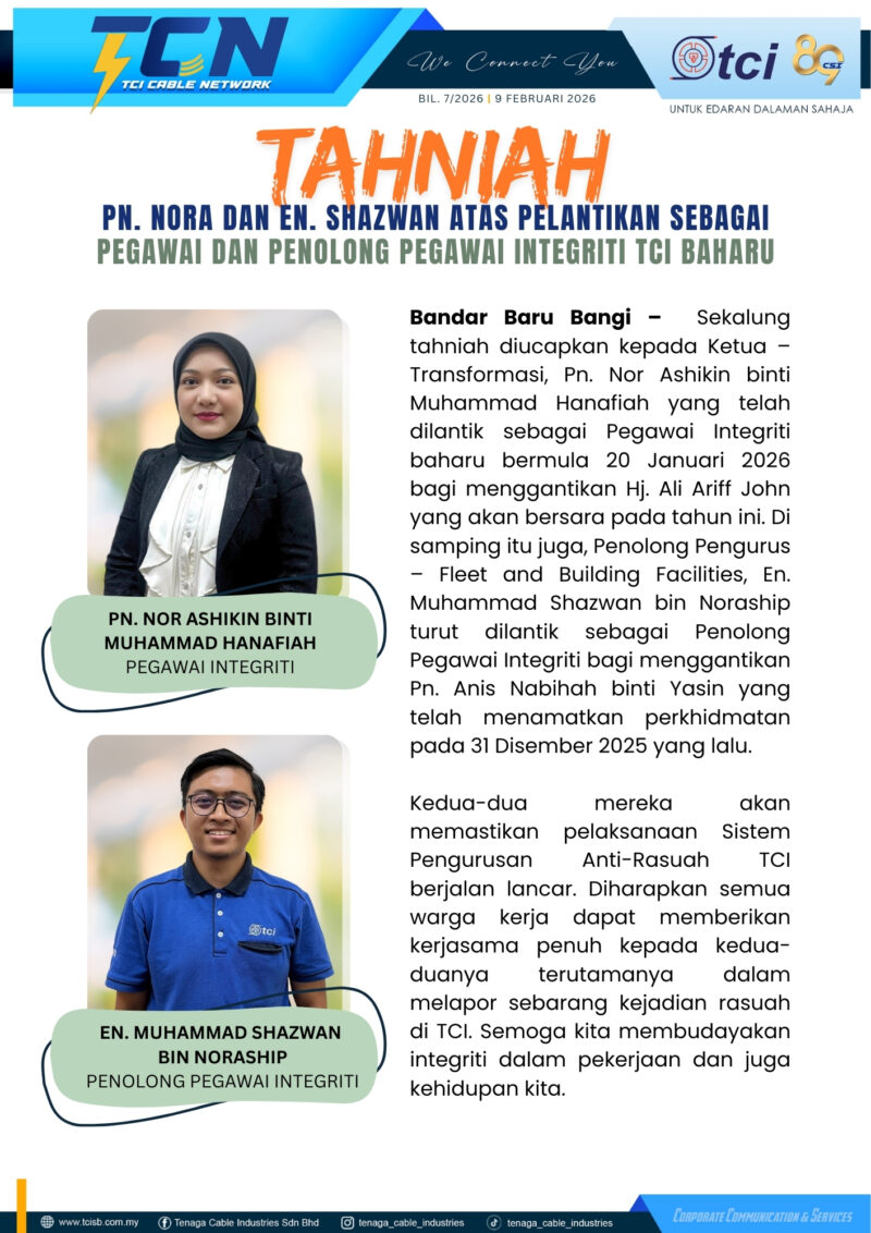 TAHNIAH ATAS PELANTIKAN SEBAGAI PEGAWAI DAN PENOLONG PEGAWAI INTEGRITI TCI